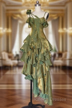 Green Asymmetrical Layered Flounce Spaghetti Strap Dress Evening Gown