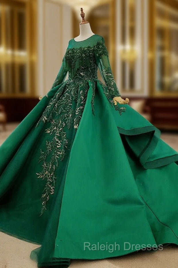 Green Ball Gown Satin Long Sleeve Beading Sequins Appliques Wedding Dress