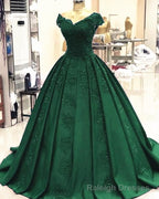 Green Ball Gowns Satin Prom Dresses Lace V Neck Formal Dress,Quinceanera Dresses