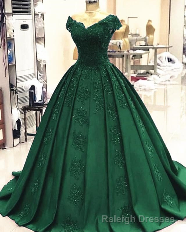 Green Ball Gowns Satin Prom Dresses Lace V Neck Formal Dress,Quinceanera Dresses