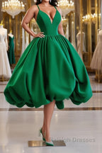 Green Ball Gown Satin Short Prom Dress, Green Satin Evening Dress