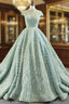 Green Ball Gown Sequins Cap Sleeve Backless Luxury Prom Dress