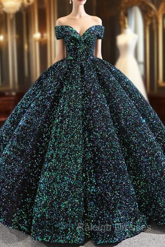 Green Ball Gown Sequins Off the Shoulder Luxury Prom Dress