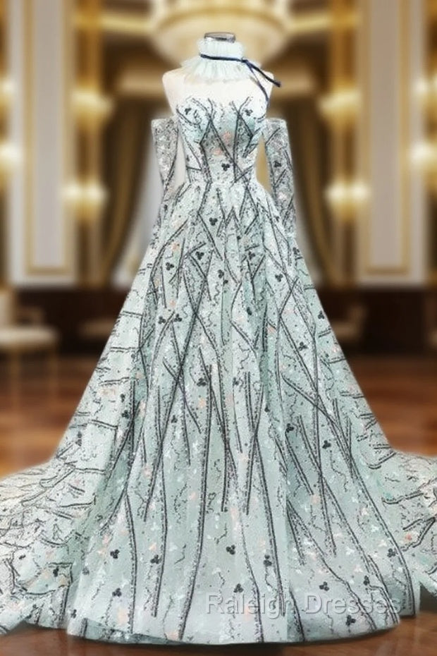 Green Ball Gown Sequins Sweetheart Long Sleeve Embroidery Prom Dress