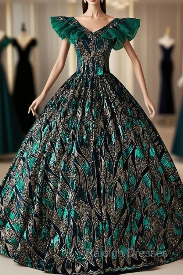 Green Ball Gown Sequins V-neck Quinceanera Dress