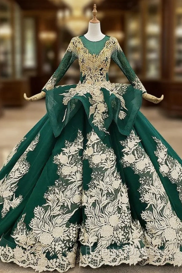 Green Ball Gown Tulle Appliques Backless Long Sleeve Beading Wedding Dress Main image