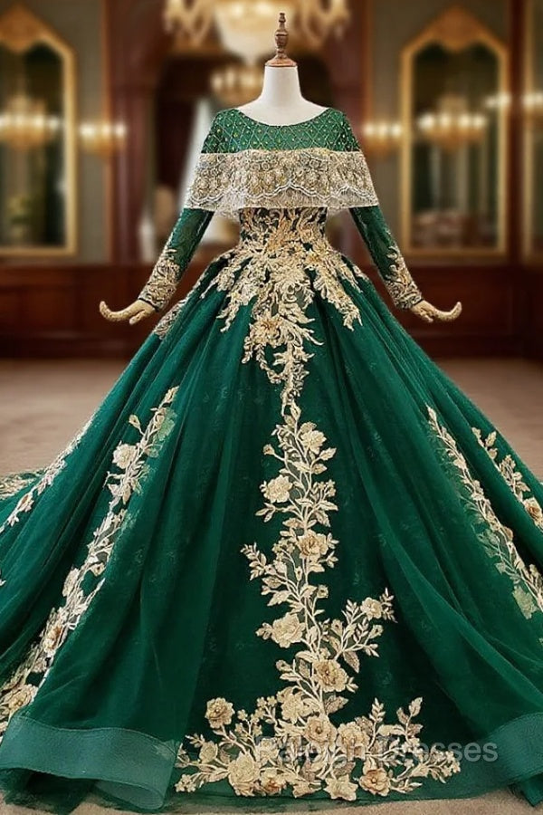 Green Ball Gown Tulle Appliques Beading Sequins Wedding Dress