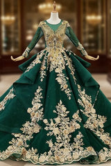 Green Ball Gown Tulle Appliques Long Sleeve Backless Beading Wedding Dress