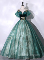 Green Ball Gown Tulle Beaded Off Shoulder Sweet 16 Dress, Green Evening Gown