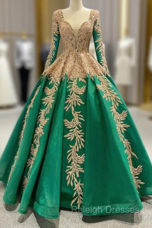 Green Ball Gown Tulle Gold Sequins Appliques V-neck Prom Dress