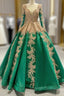 Green Ball Gown Tulle Gold Sequins Appliques V-neck Prom Dress