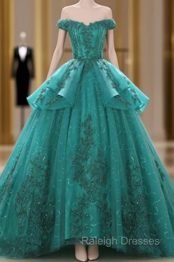 Green Ball Gown Tulle Lace Layered Off The Shoulder Quinceanera Dress Main image