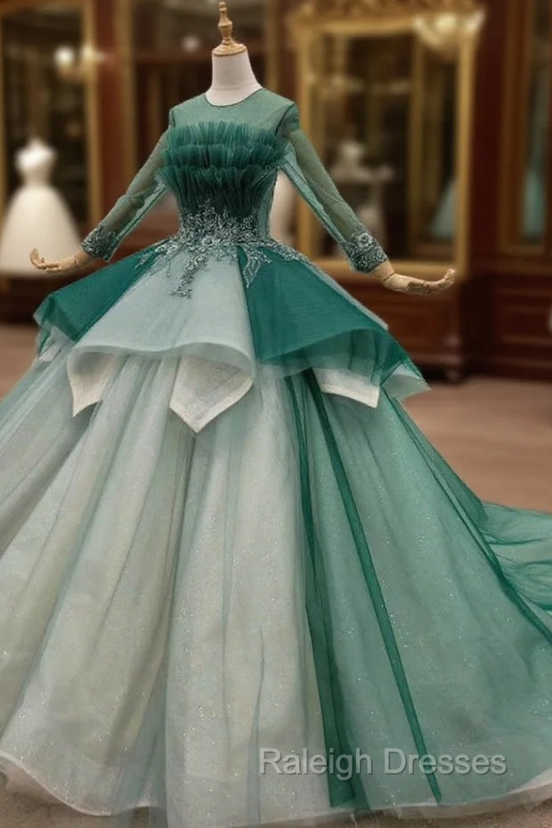 Green Ball Gown Tulle Long Sleeve Beading Wedding Dress