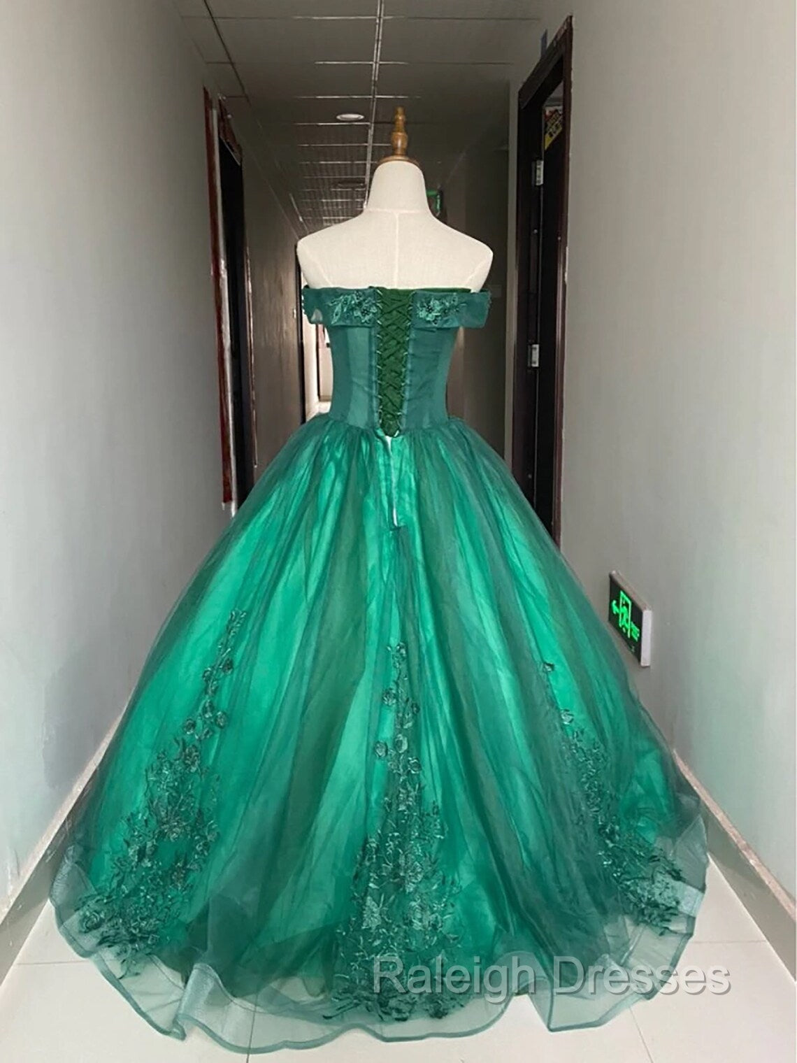 Green Ball Gown Tulle Off Shoulder with Lace Applique, Green Sweet 16 Dress Party Dress Secondary image