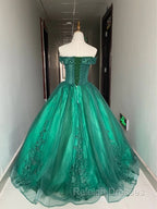 Green Ball Gown Tulle Off Shoulder with Lace Applique Green Sweet 16 Dresses Prom Dresses