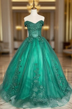 Green Ball Gown Tulle Off Shoulder with Lace Applique, Green Sweet 16 Dress Party Dress