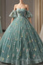 Green Ball Gowns Tulle Straps Appliques Quinceanera Dress