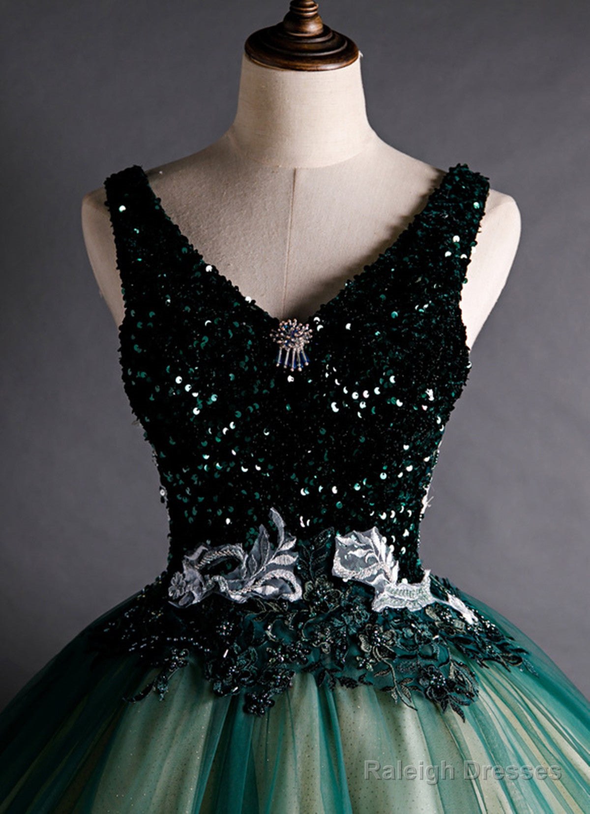 Green Ball Gown V-Neckline Sequins Long Formal Dress, Green Sequins Prom Dress Secondary image