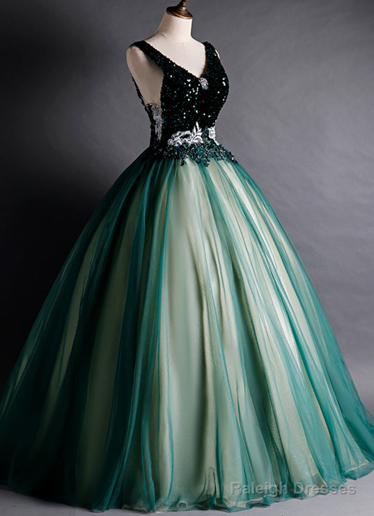 Green Ball Gown V-Neckline Sequins Long Formal Dress, Green Sequins Prom Dress