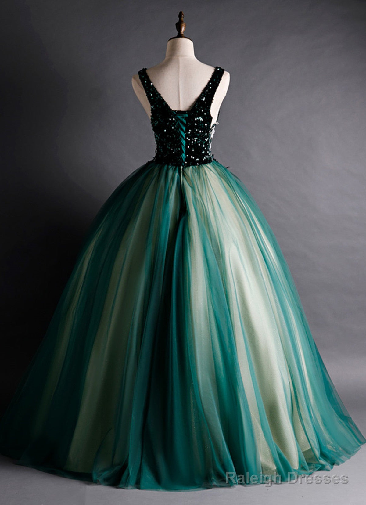 Green Ball Gown V-Neckline Sequins Long Formal Dress, Green Sequins Prom Dress
