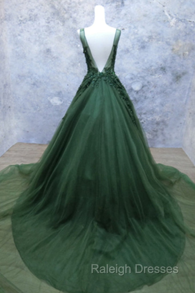 Green Beaded and Lace V Neckline Low Back Long Prom Dress Green Prom Dresses Secondary image
