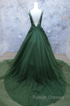 Green Beaded and Lace V Neckline Low Back Long Prom Dress Green Prom Dresses
