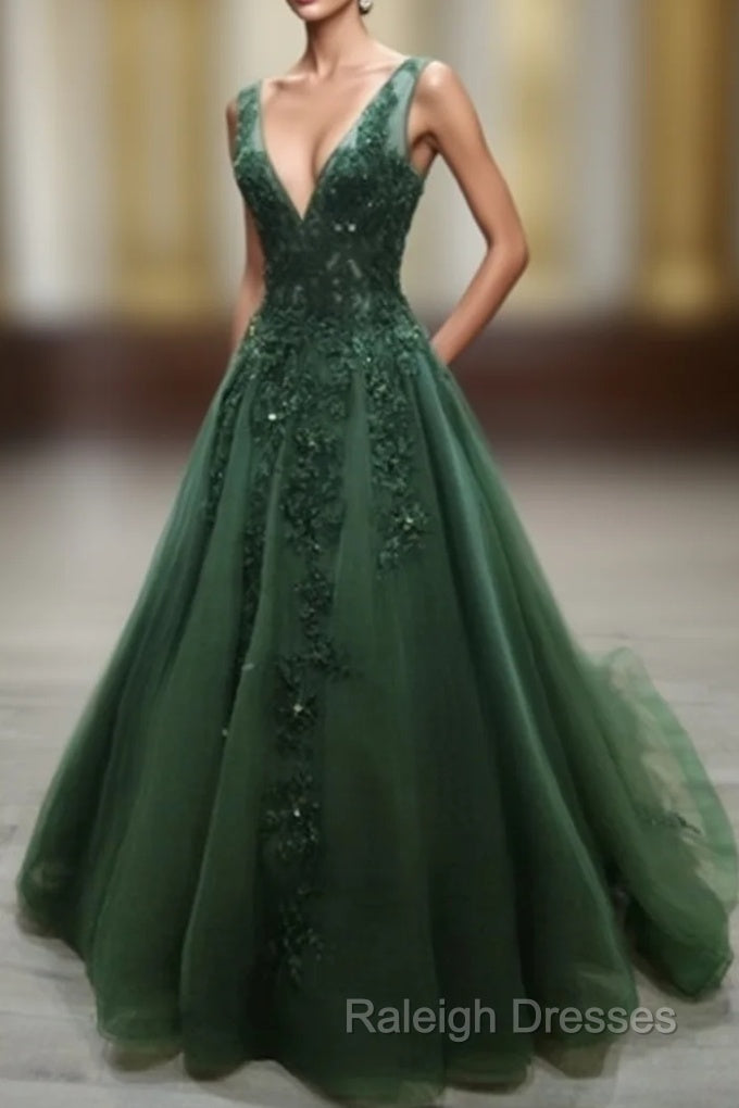 Green Beaded and Lace V-neckline Low Back Long Party Dresses, Green Evening Dress Party Dresses Main image