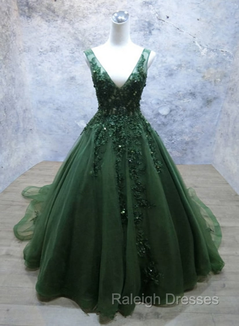 Green Beaded and Lace V-neckline Low Back Long Party Dresses, Green Evening Dress Party Dresses