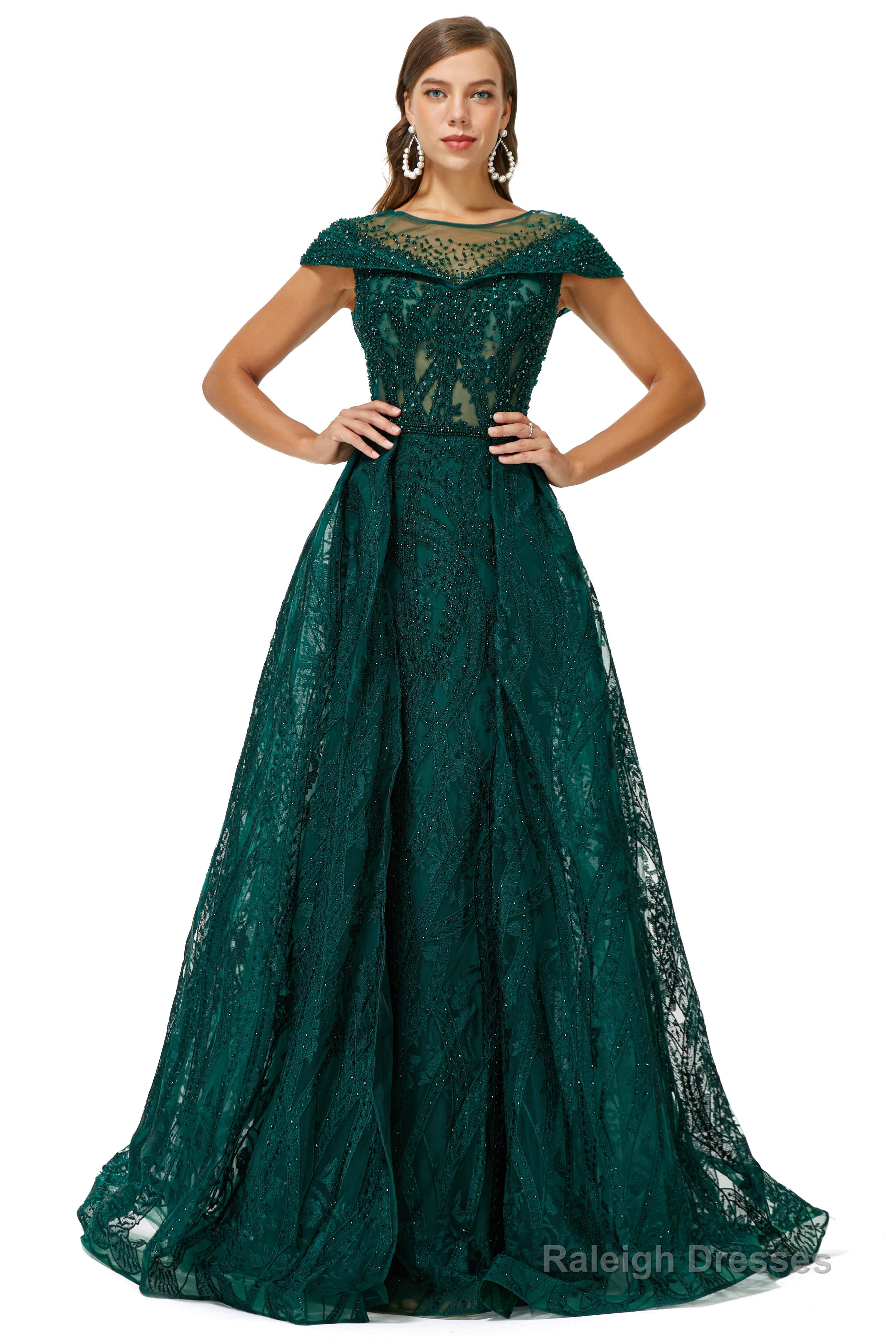 Beaded Cap Sleeves Prom Dresses with Overskirt