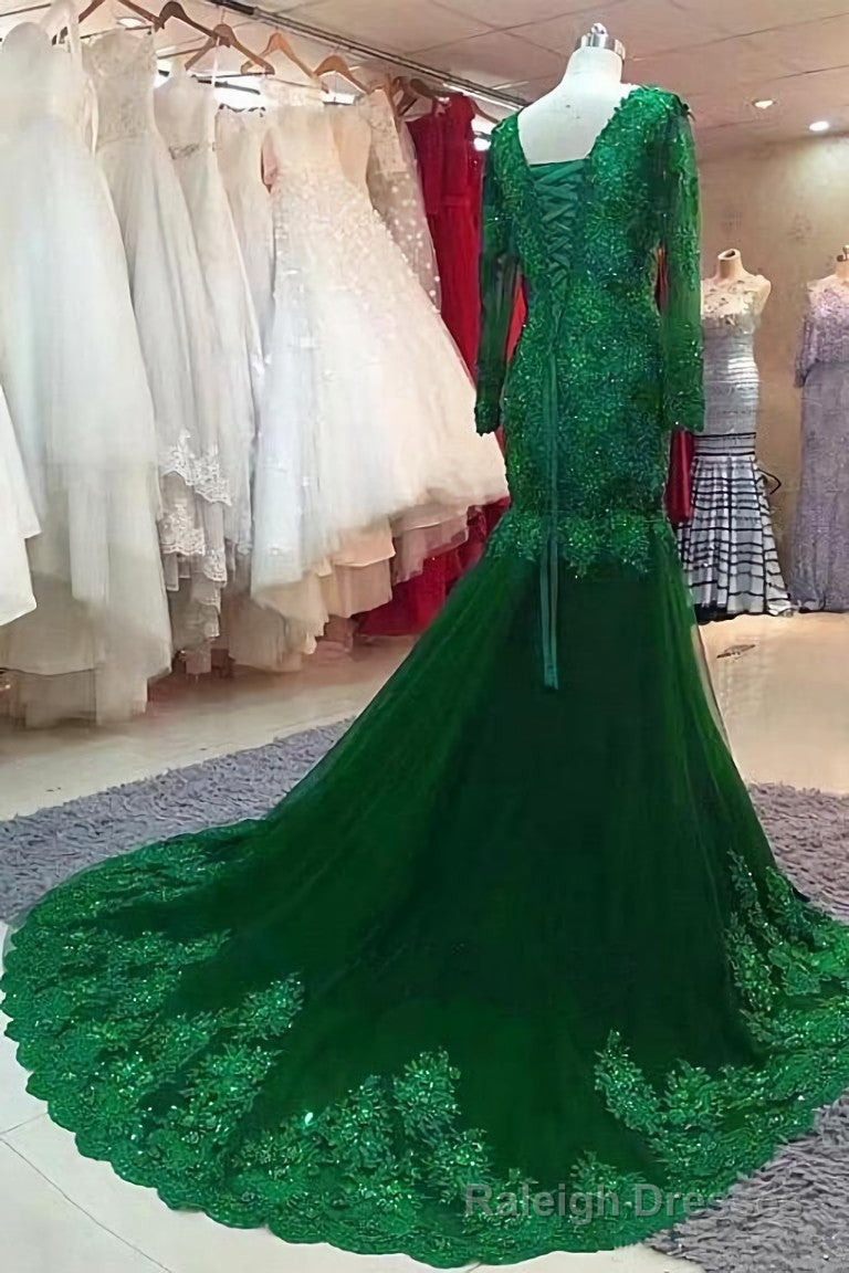 Green Beaded Lace Bride Mothers Prom Gowns Long Sleeve