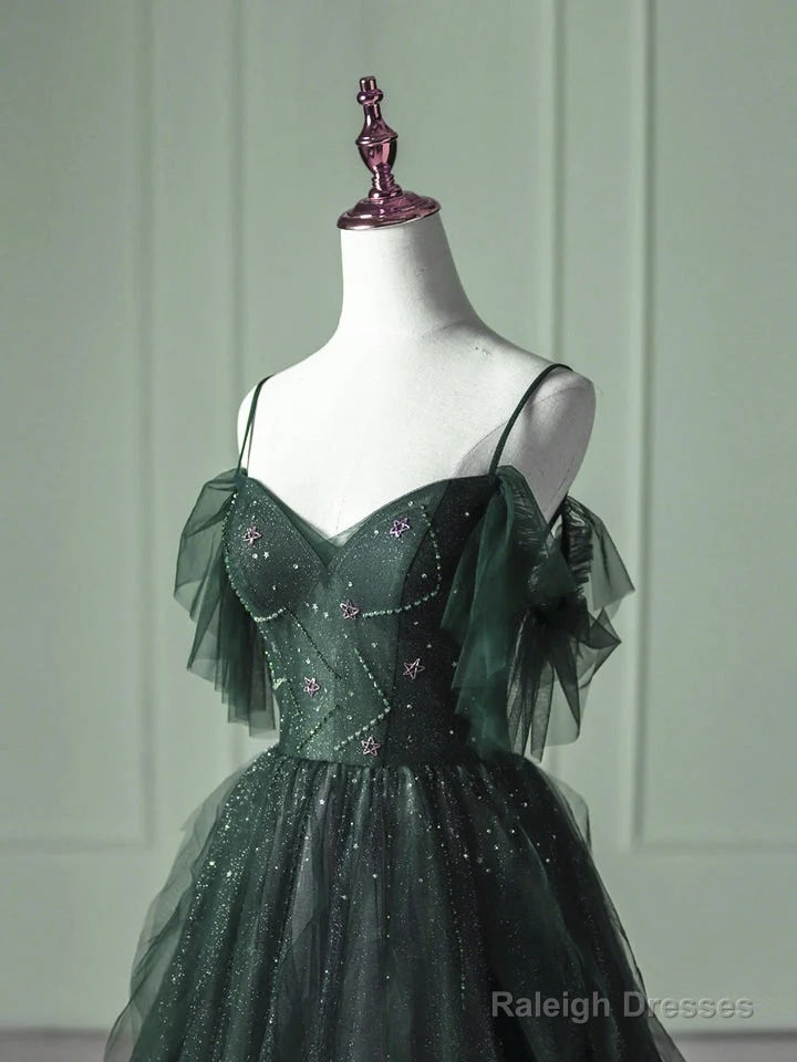 Green Beaded Straps Tulle Layers Long Prom Dress Green Formal Dress Secondary image