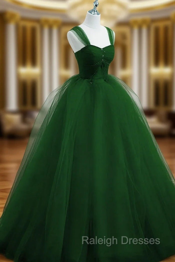 Green Beaded Tulle Off Shoulder Long Party Dress, Green Tulle A-line Prom Dress Main image