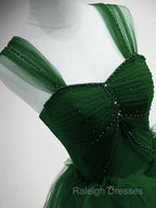 Green Beaded Tulle Off Shoulder Long Prom Dresses Green Tulle A Line Prom Dresses