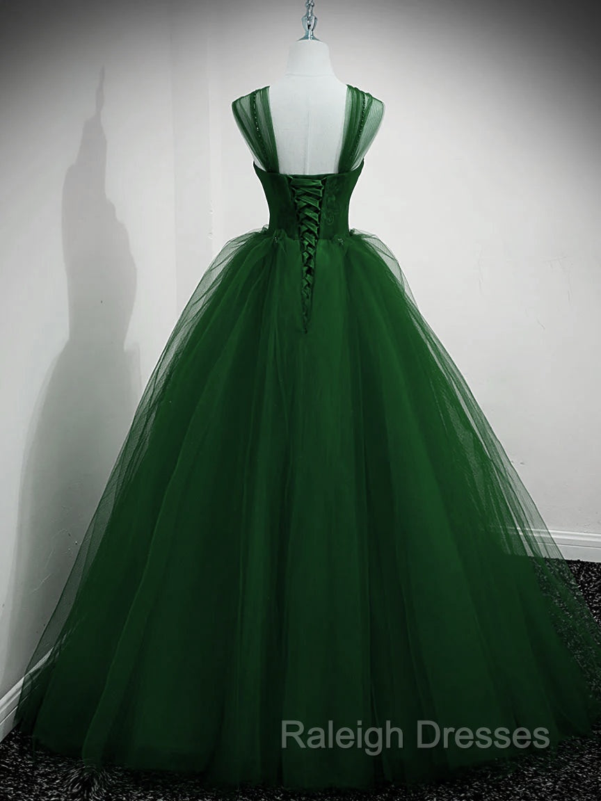 Green Beaded Tulle Off Shoulder Long Prom Dresses Green Tulle A Line Prom Dresses