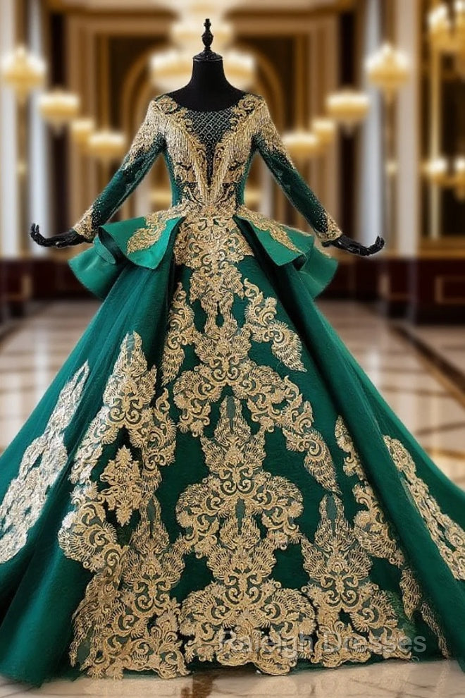 Green Bll Gown Satin Gold Appliques Long Sleeve Backless Wedding Dress