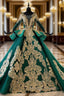 Green Bll Gown Satin Gold Appliques Long Sleeve Backless Wedding Dress