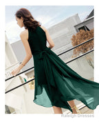 Green Chiffon High Low Bridesmaid Dresses Prom Dresses High Neckline Prom Dress