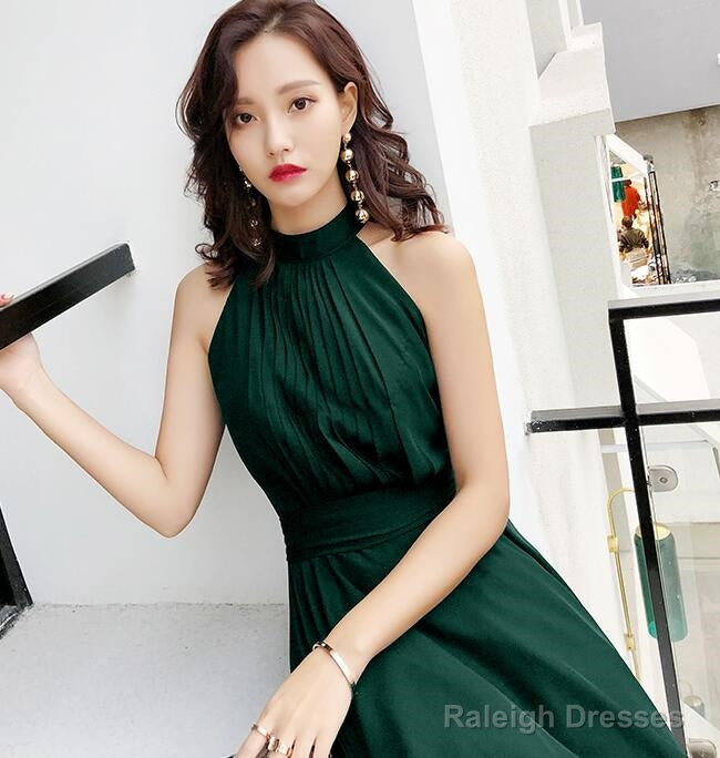 Green Chiffon High Low Bridesmaid Dresses Prom Dresses High Neckline Prom Dress