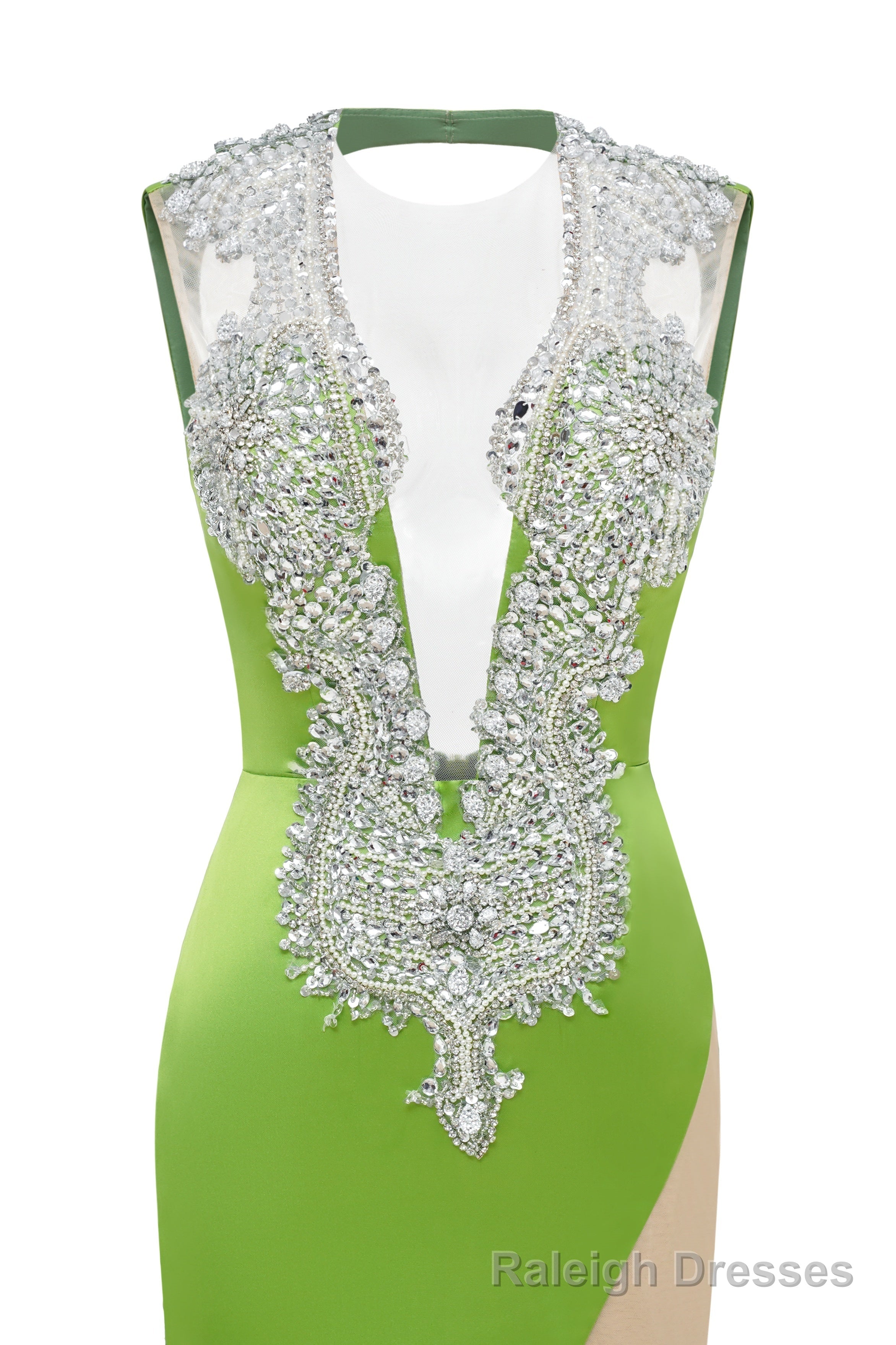 Green Deep V Neck Mermaid Satin Prom Dresses Sparkly Beaded Pageant Crystals Evening Formal Dresses