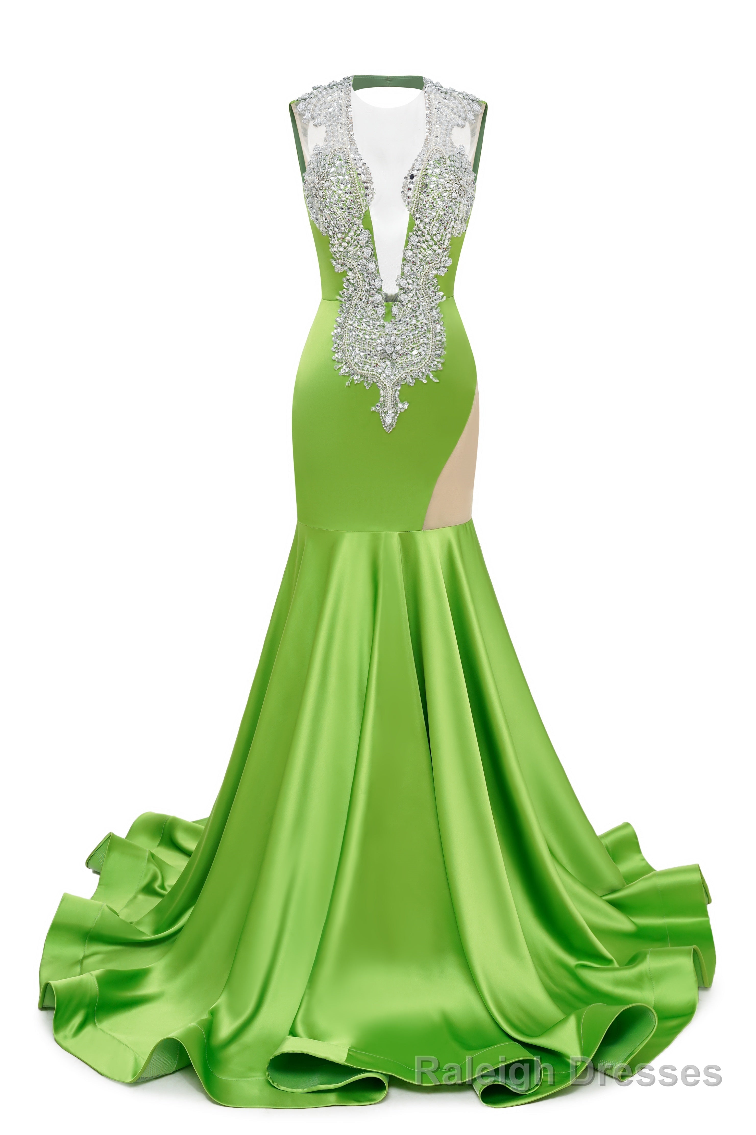 Green Deep V Neck Mermaid Satin Prom Dresses Sparkly Beaded Pageant Crystals Evening Formal Dresses Main image
