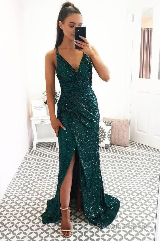 Green Fitted V Neck Prom Dress For Girl Sequin Backless Formal Gown Side Slit Secondary image