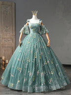 Green Floral Tulle Long Prom Dress Cute Off Shoulder Evening Party Dress Beautiful