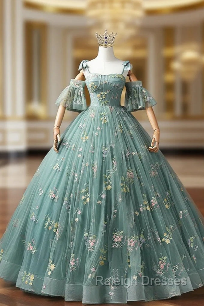 Green Floral Tulle Long Prom Dress Cute Off Shoulder Evening Party Dress Beautiful Main image