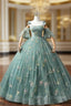 Green Floral Tulle Long Prom Dress Cute Off Shoulder Evening Party Dress Beautiful
