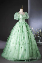 Green Flower Lace Long Prom Dress with Sleeves, Green Formal Dress