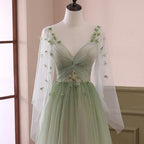Green Gradient Puffy Sleeves Long Prom Dresses A-Line Beaded Prom Dresses