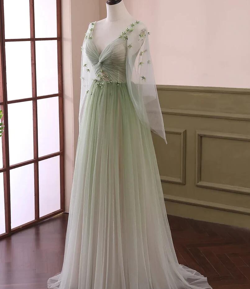 Green Gradient Puffy Sleeves Long Prom Dresses A-Line Beaded Prom Dresses