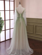 Green Gradient Puffy Sleeves Long Prom Dresses A-Line Beaded Prom Dresses