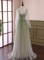 Green Gradient Puffy Sleeves Long Prom Dresses A-Line Beaded Prom Dresses