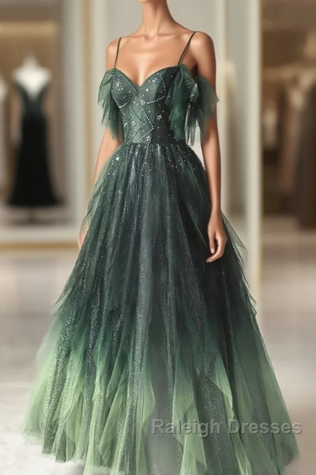 Green Gradient Tulle A-Line Long Formal Dress, Green Beaded Straps Party Dress Prom Dress Main image